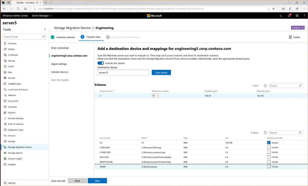 Migración de un servidor de archivos con File Server Migration Service: segundo paso